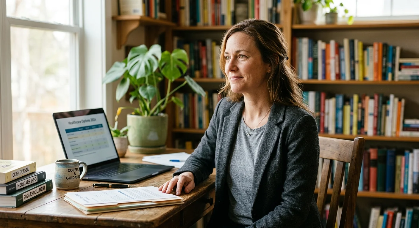 An editorial portrait of a health insurance navigator sitting at her home office desk, bathed in natural morning light.