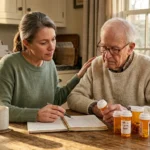 An elderly father and his daughter review prescription bottles together at a wooden kitchen table in warm afternoon light.
