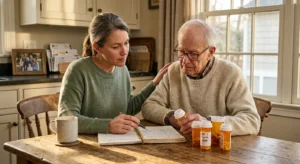 An elderly father and his daughter review prescription bottles together at a wooden kitchen table in warm afternoon light.