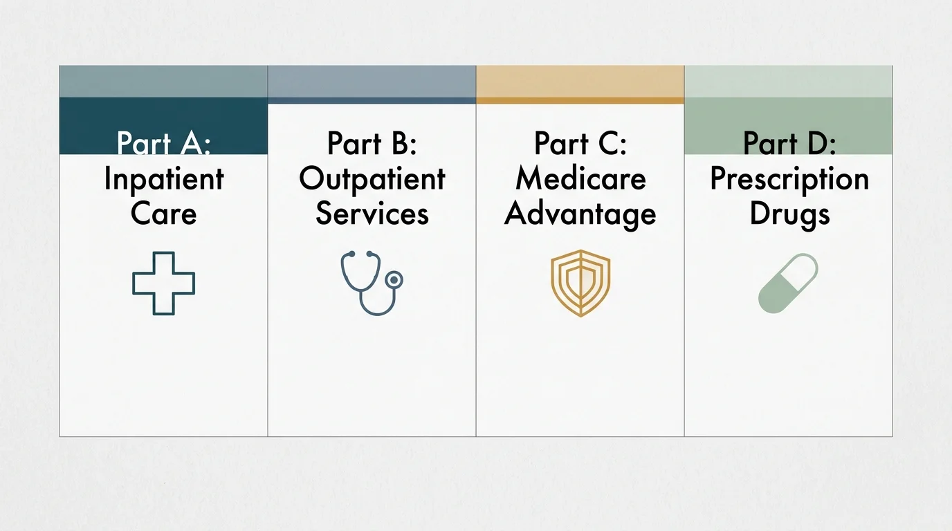 An elegant, clean diagram outlining the four pillars of Medicare: Part A, Part B, Part C, and Part D.
