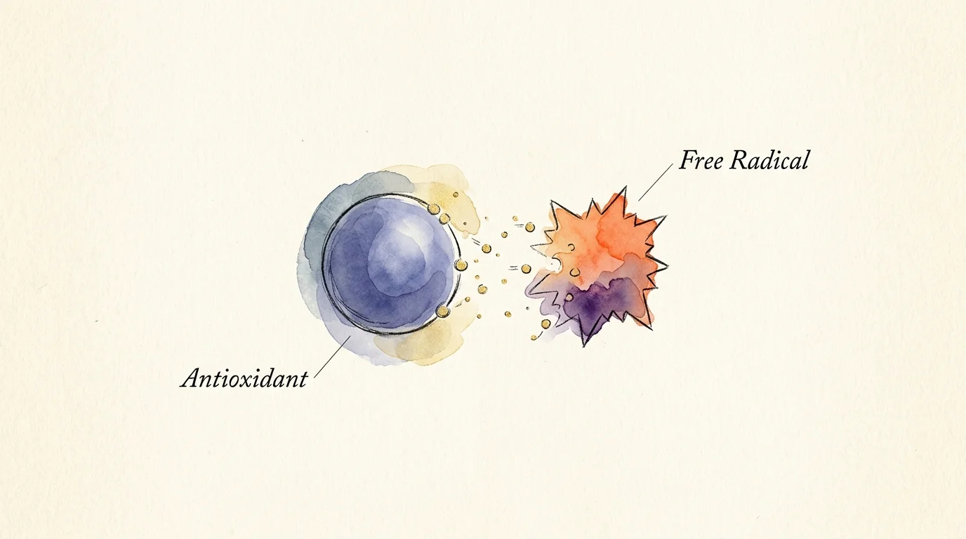 An elegant watercolor and ink illustration showing a stable blue antioxidant molecule donating a gold electron to an unstable red free radic