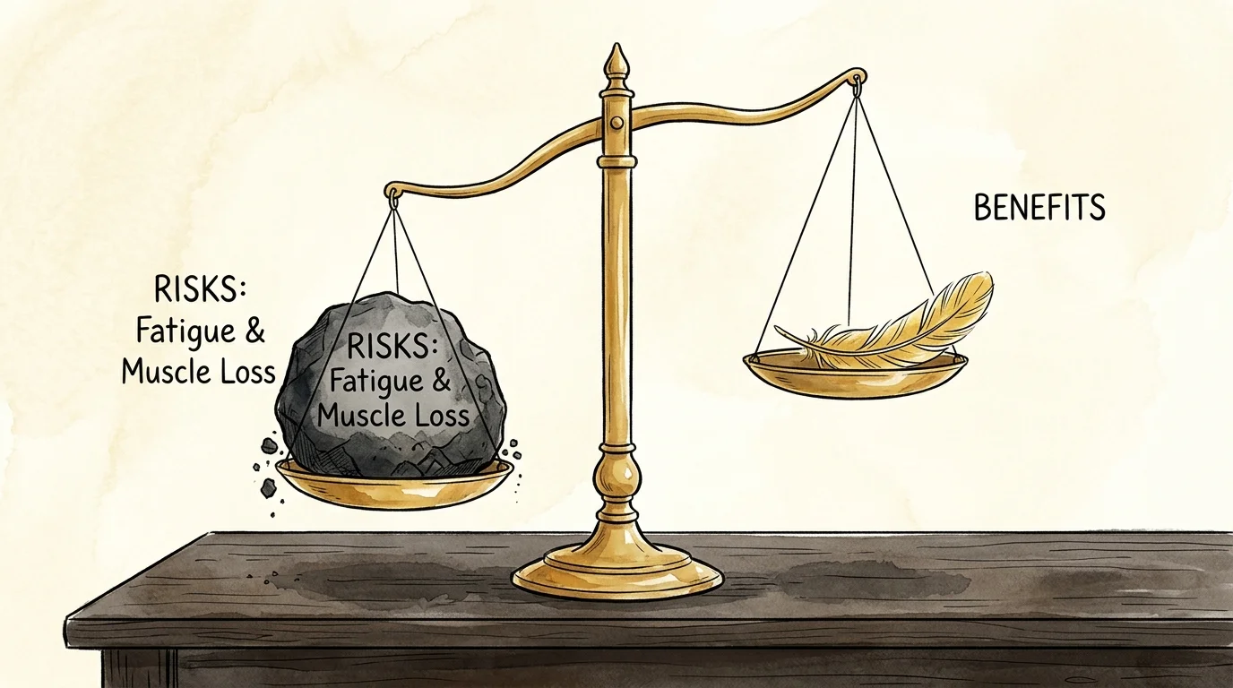 An illustration of a balance scale showing the heavy risks of restrictive dieting outweighing the light benefits.