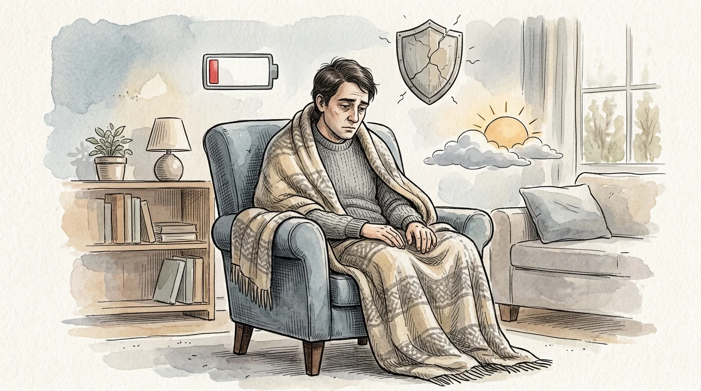 An illustration of a fatigued person wrapped in a blanket, surrounded by symbolic icons of low energy and weakened immunity.