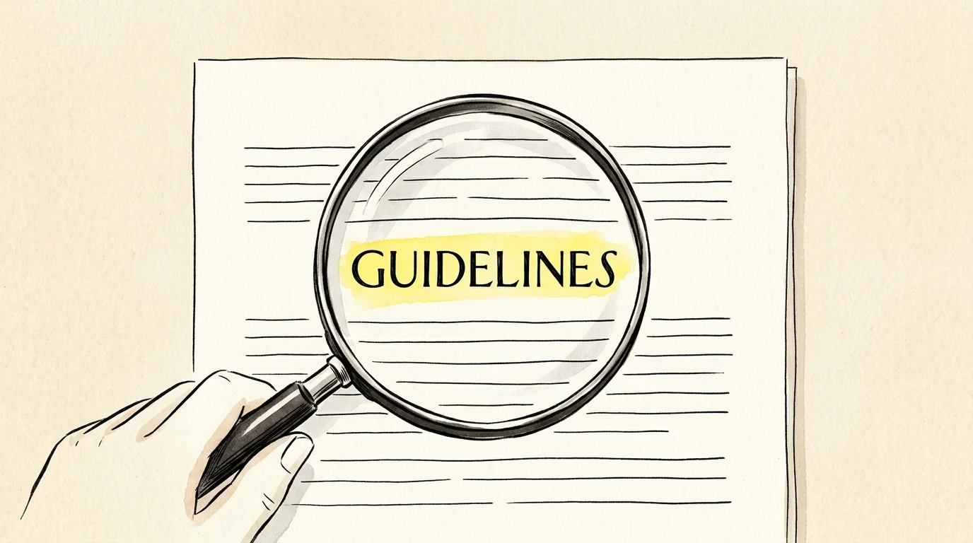 An illustration of a magnifying glass highlighting the word 'GUIDELINES' in ink and yellow watercolor.