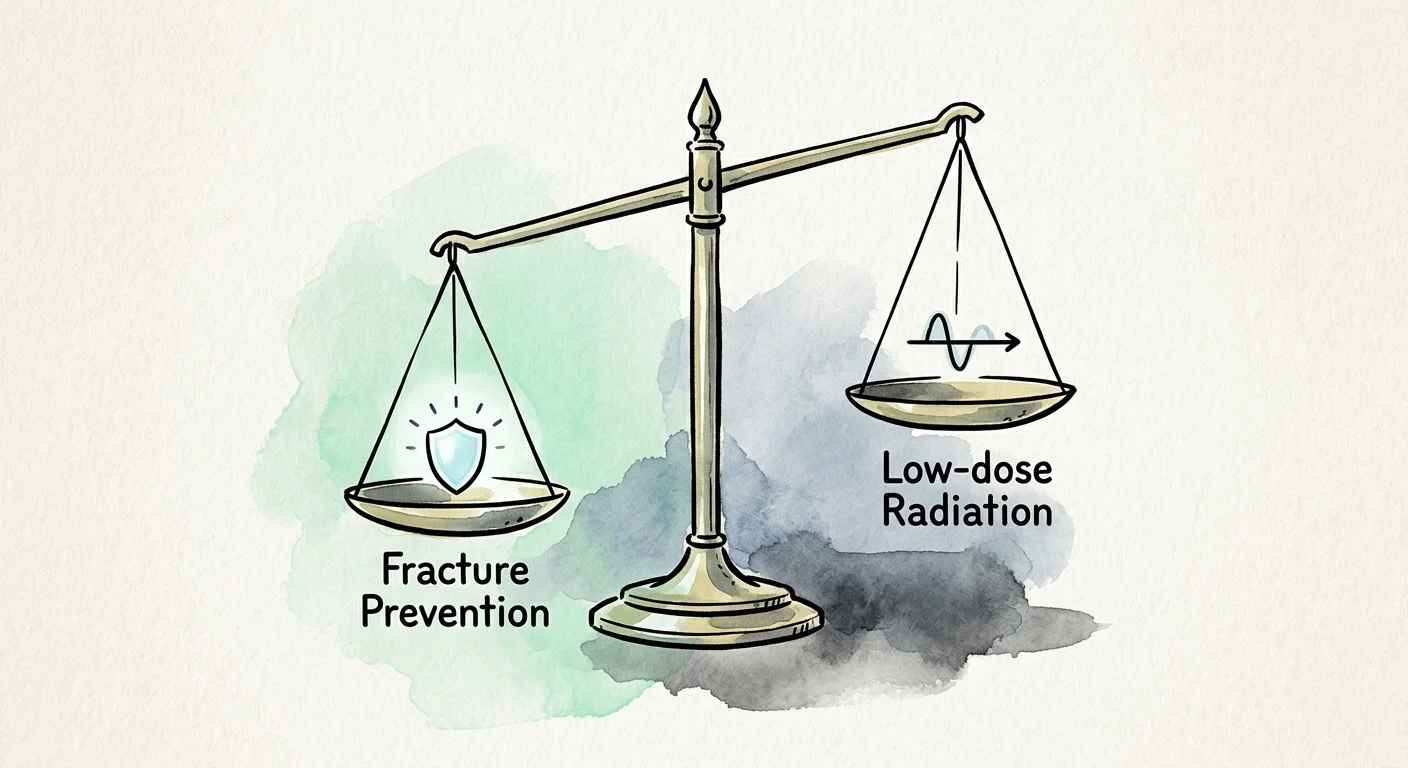 An ink and watercolor illustration of a balance scale showing the benefits of fracture prevention outweighing the low-dose radiation risk.