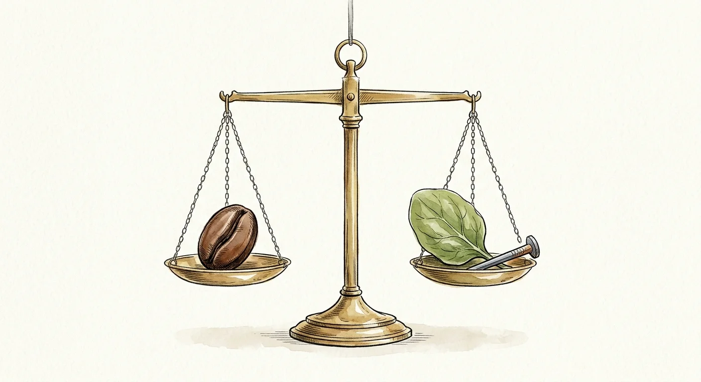An ink and watercolor illustration of a brass scale balancing a roasted coffee bean on one side and a green leaf on the other.