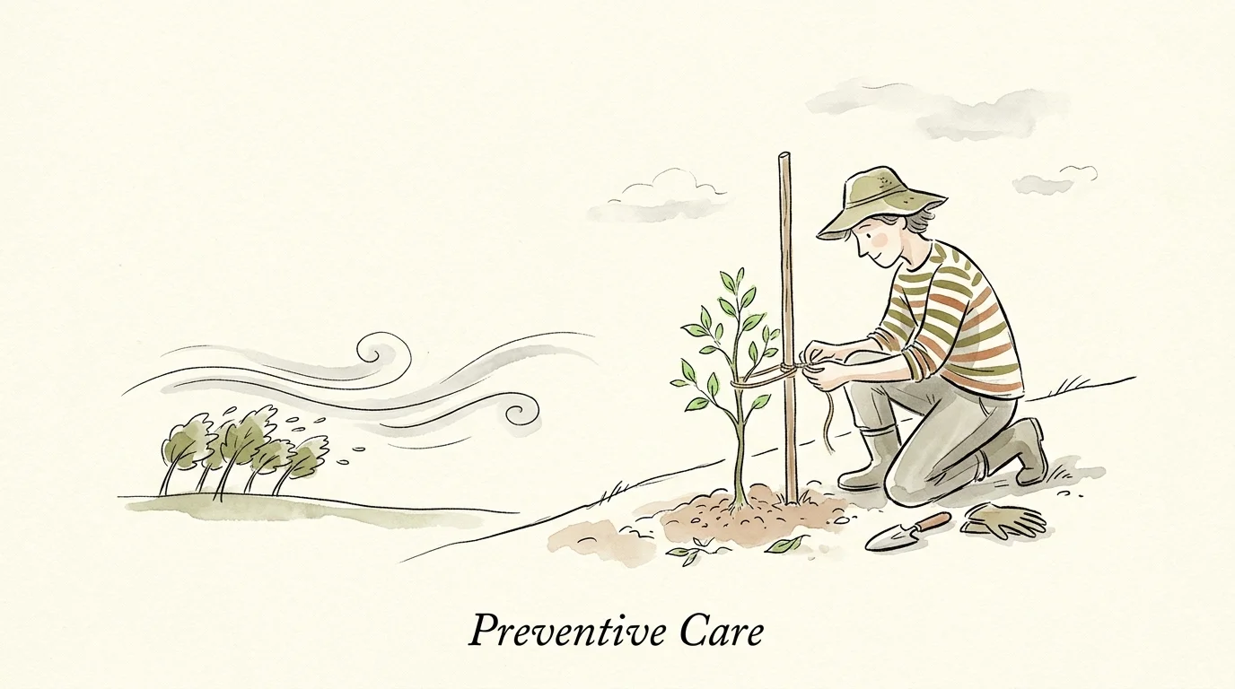 An ink and watercolor illustration of a gardener staking a young sapling, symbolizing early preventive care.