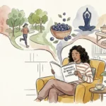 An ink and watercolor illustration of a person reading an insurance document that blooms into vibrant wellness and health vignettes.