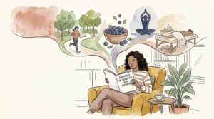 An ink and watercolor illustration of a person reading an insurance document that blooms into vibrant wellness and health vignettes.