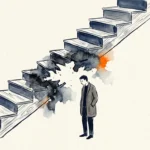 An ink and watercolor illustration of a wooden staircase with a missing, dissolving step, symbolizing a sudden loss of coordination.