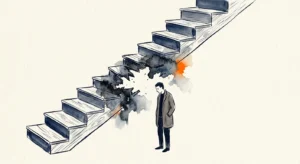 An ink and watercolor illustration of a wooden staircase with a missing, dissolving step, symbolizing a sudden loss of coordination.