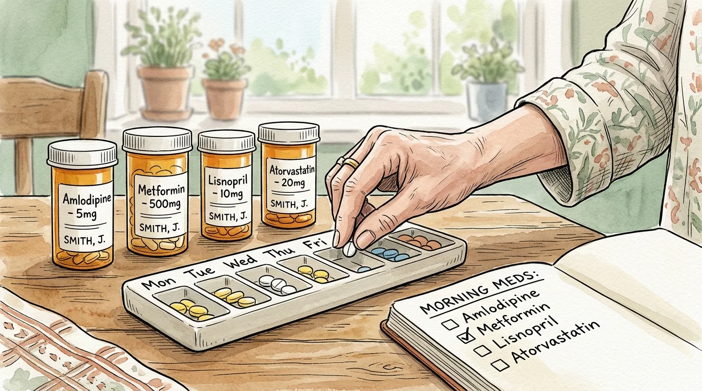 An ink and watercolor illustration of hands organizing pills on a kitchen table next to a checklist notebook.