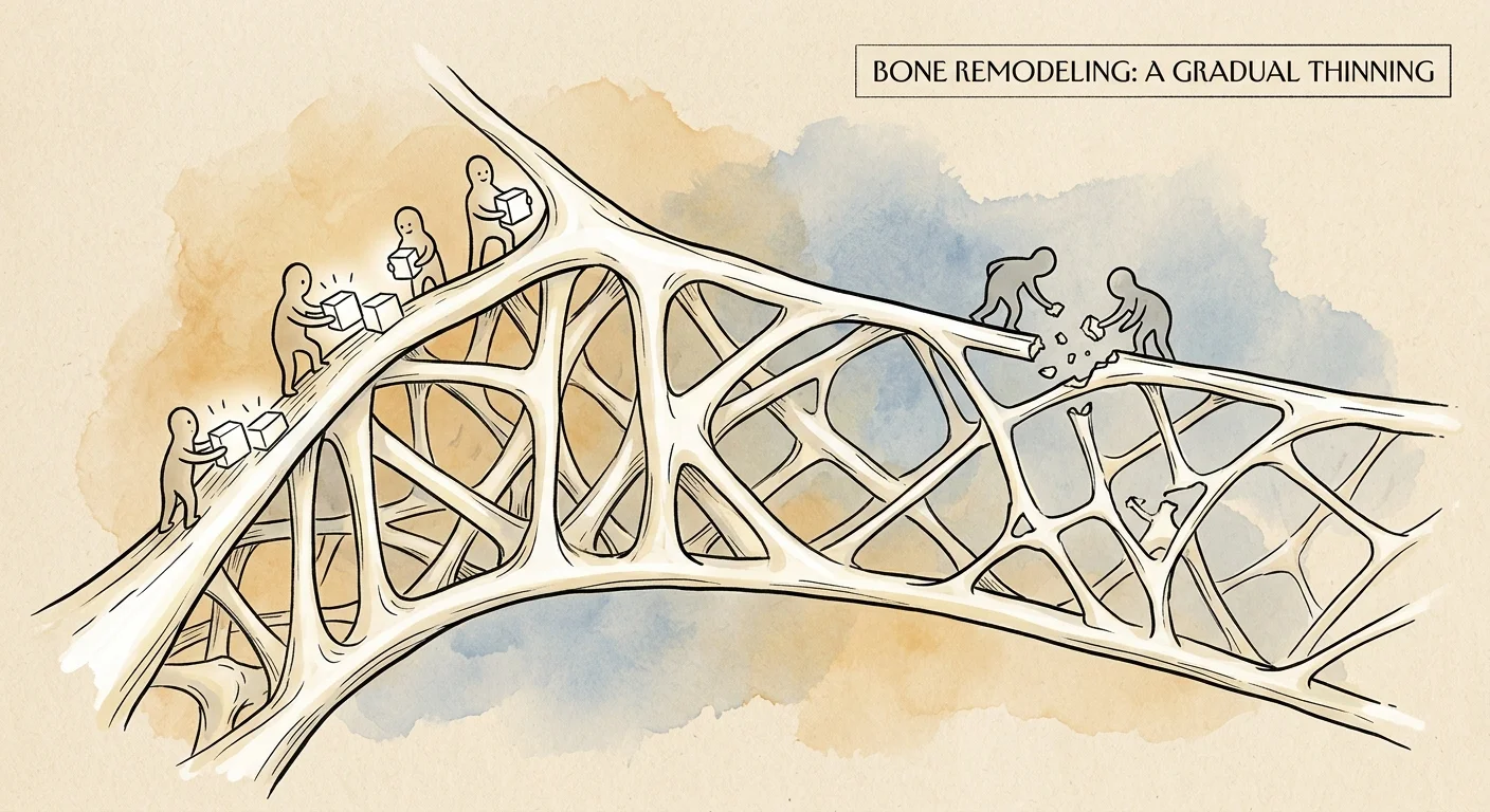 An ink and watercolor illustration of tiny stylized figures balancing the building and breaking down of a delicate bone lattice.