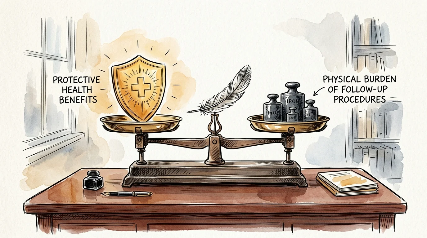 An ink and watercolor scale balancing a golden shield and gray weights, representing screening benefits versus risks.