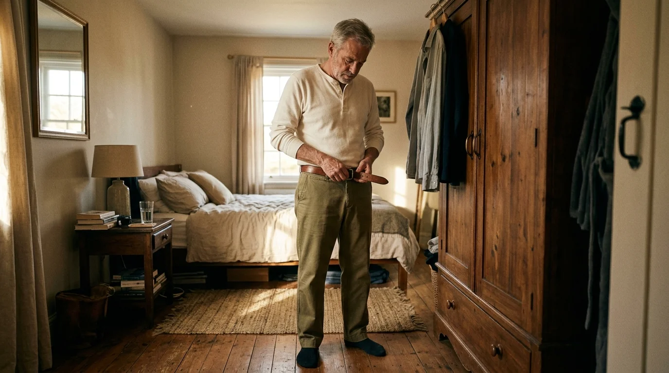 A mature man in a bedroom looking down while tightening his leather belt on loose-fitting pants.