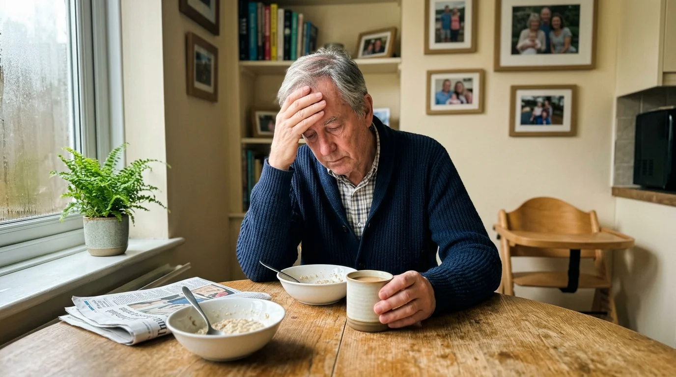 An older man holds his head in exhaustion while sitting at a dining table with oatmeal, coffee, and a newspaper.