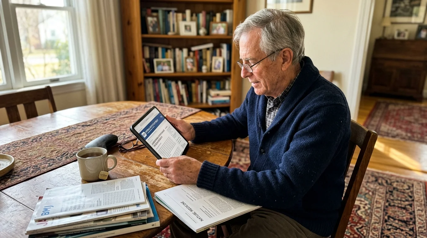 An older man sitting at a cozy dining table at home, researching health guidelines on a tablet with medical journals nearby.