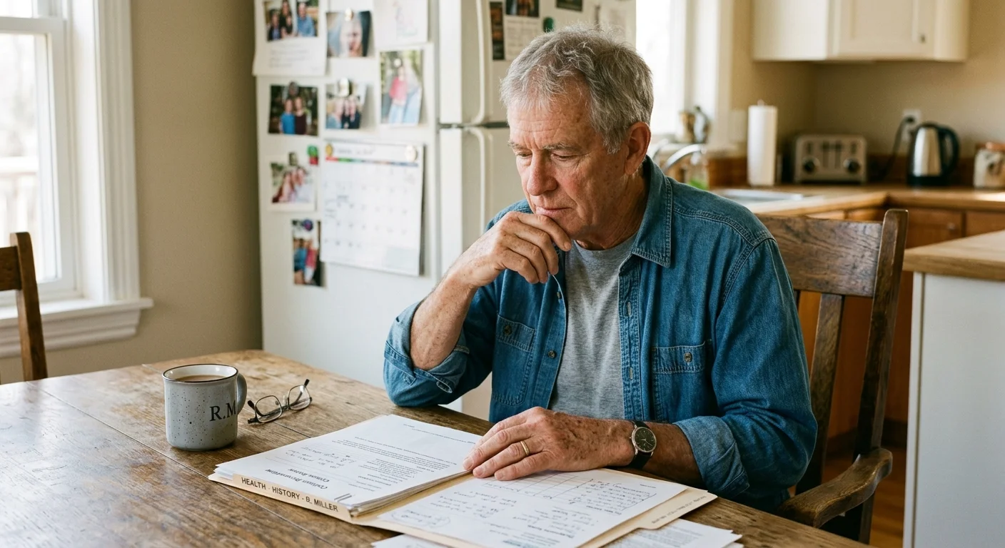 An older man sitting at his kitchen table quietly reviewing health documents in warm afternoon light.