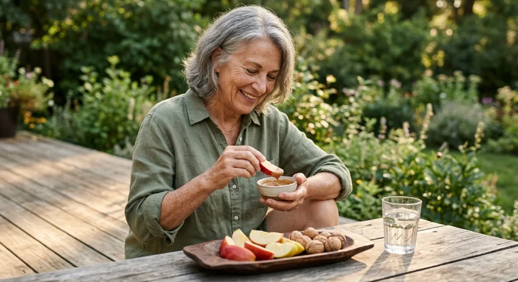 An older woman enjoying a snack of apple slices and almond butter on a sunlit wooden deck.