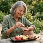 An older woman enjoying a snack of apple slices and almond butter on a sunlit wooden deck.