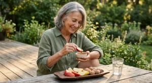 An older woman enjoying a snack of apple slices and almond butter on a sunlit wooden deck.