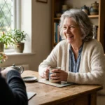An older woman in a cream cardigan smiles warmly while enjoying a conversation in a sunlit breakfast nook.