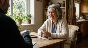 An older woman in a cream cardigan smiles warmly while enjoying a conversation in a sunlit breakfast nook.