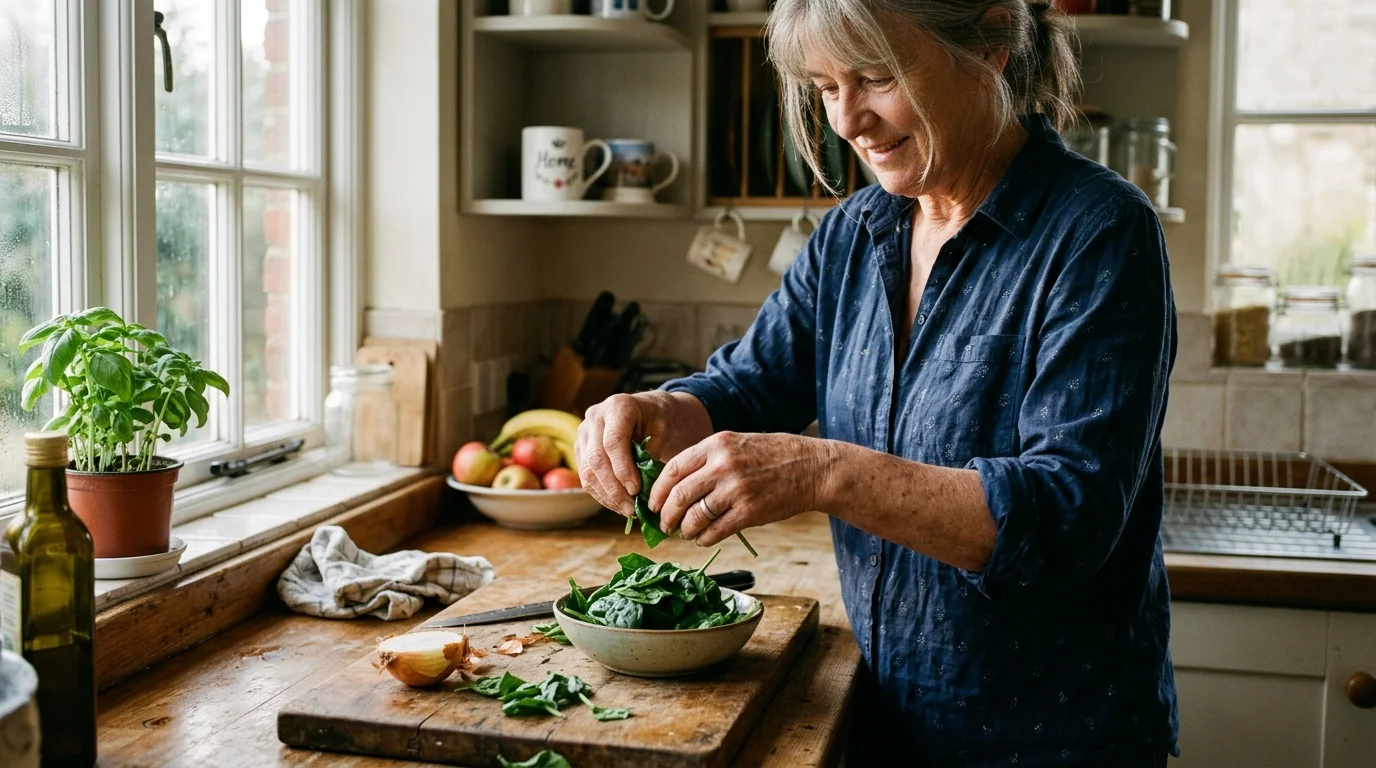 An older woman preparing fresh spinach in a warm, sunlit home kitchen, focusing on her hands.
