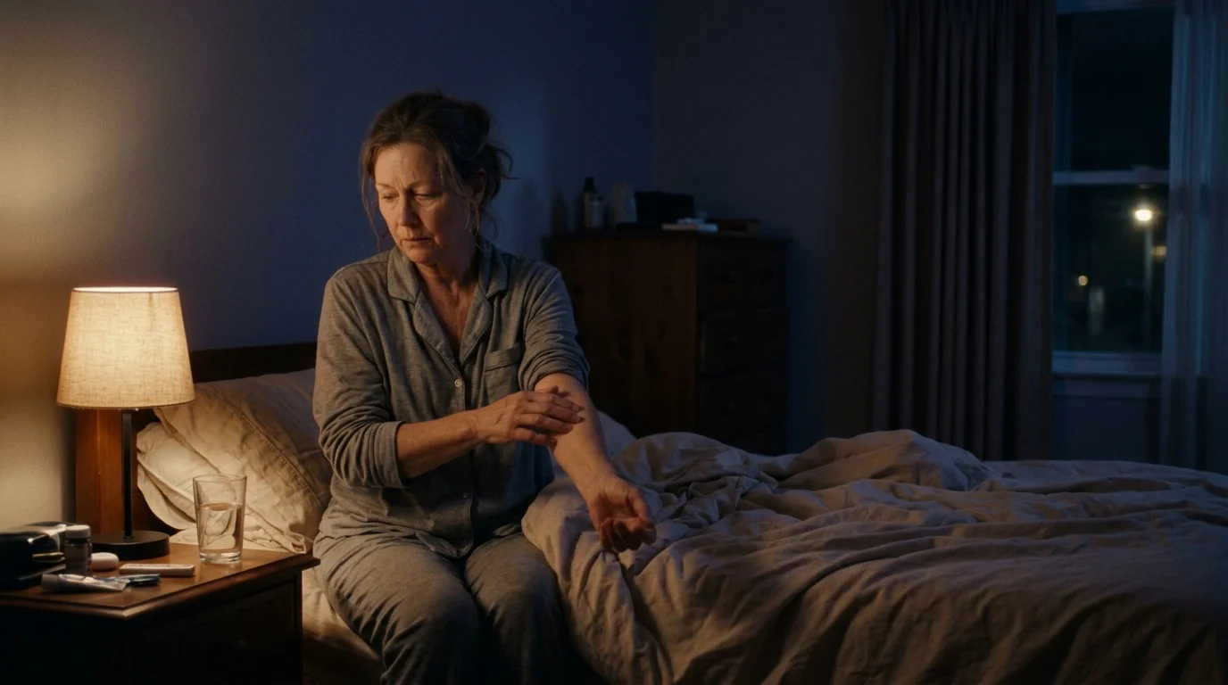 Woman in grey pajamas sitting on an unmade bed at night by a table lamp, scratching her forearm.