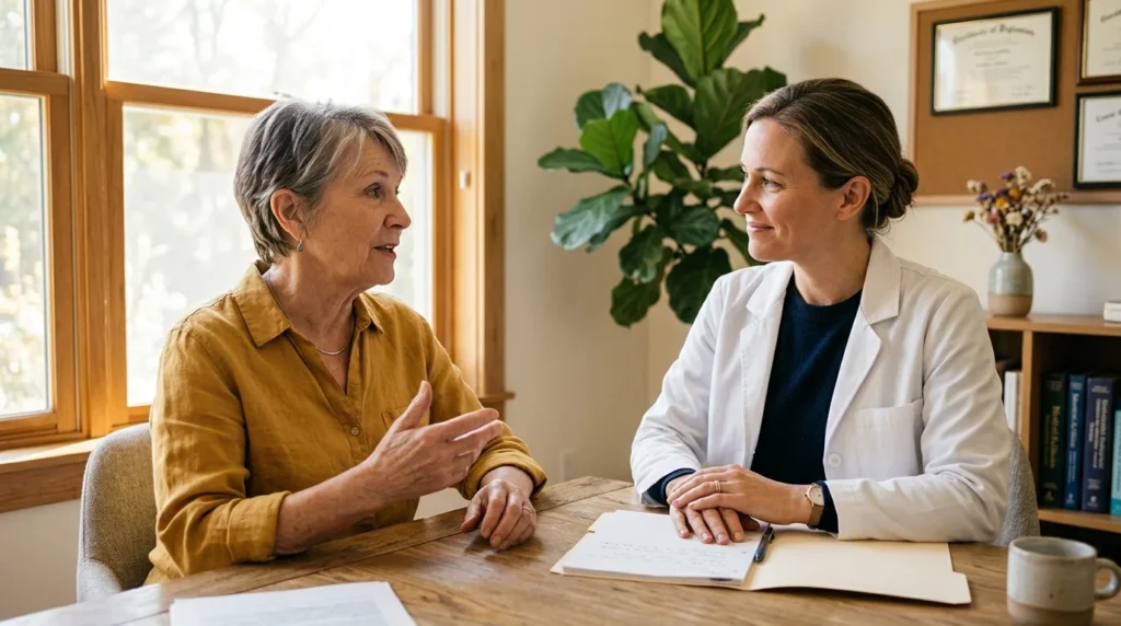 An older woman speaks with a doctor in a brightly lit medical office, focusing on patient-physician communication.