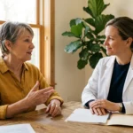 An older woman speaks with a doctor in a brightly lit medical office, focusing on patient-physician communication.