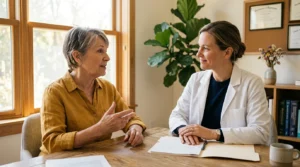 An older woman speaks with a doctor in a brightly lit medical office, focusing on patient-physician communication.