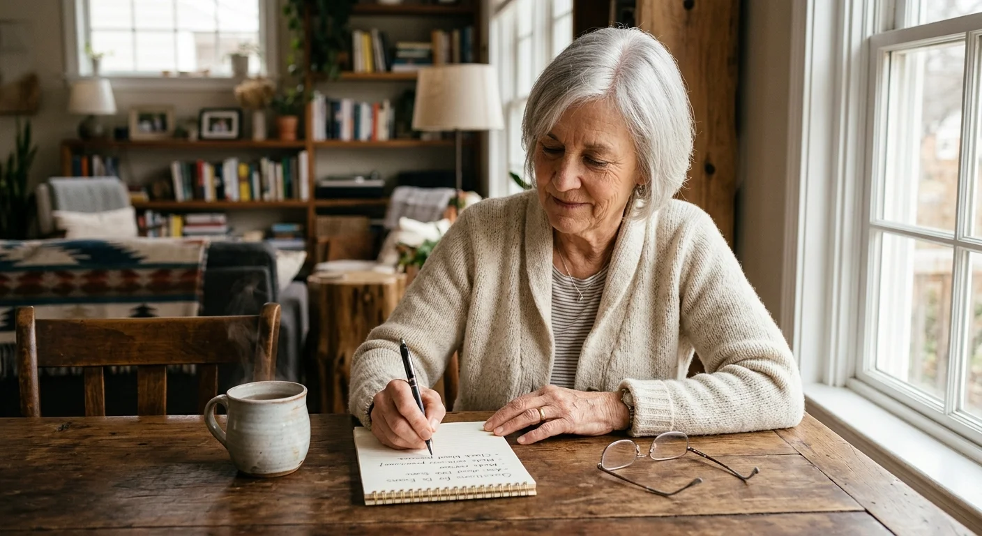 An older woman writing a checklist with 'Ask about DXA scan' on a notepad at her dining table.
