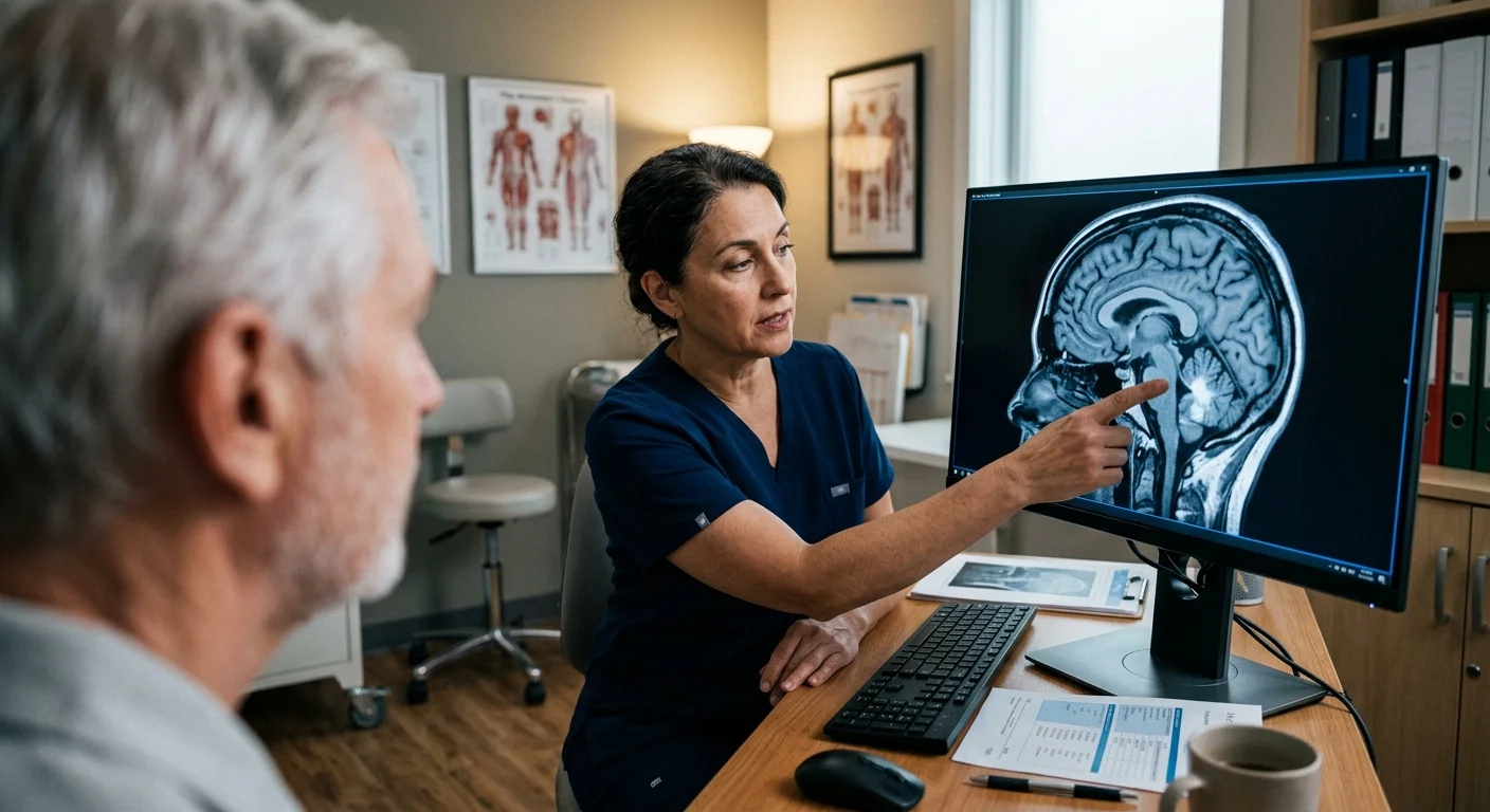 An over-the-shoulder photograph of a doctor pointing out a brain MRI scan to an older patient on a computer monitor.