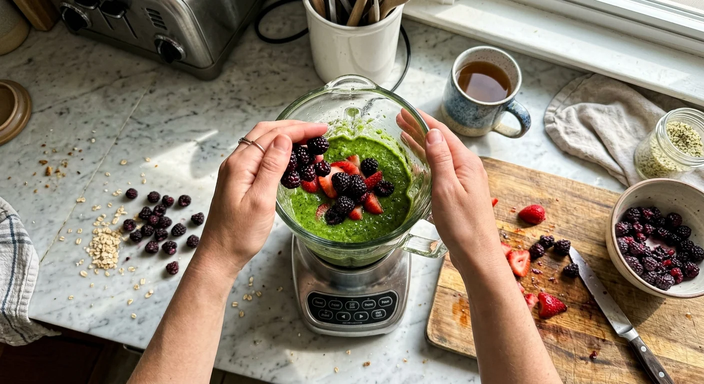 An overhead view of hands adding fresh black raspberries into a glass blender jar filled with a green smoothie on a kitchen counter.