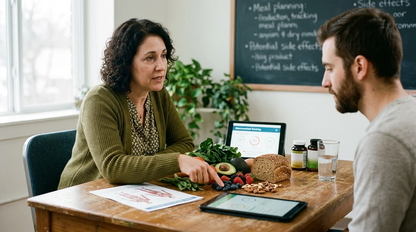 Nutritionist pointing at fresh produce, nuts, and bread on a table during a consultation with a man.