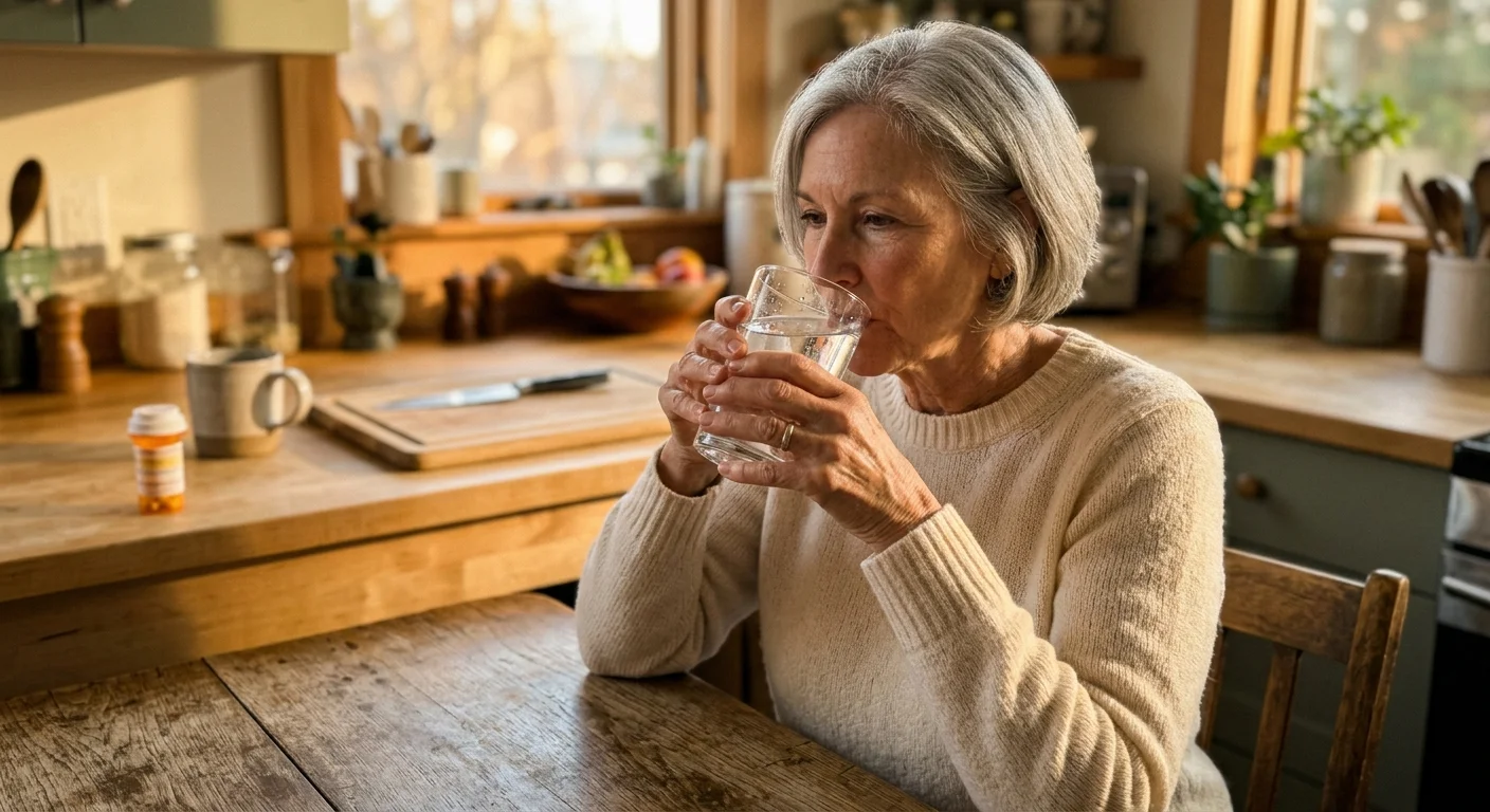 Candid photo of a senior woman in a warm kitchen holding a glass of water, reflecting on daily health and hydration.