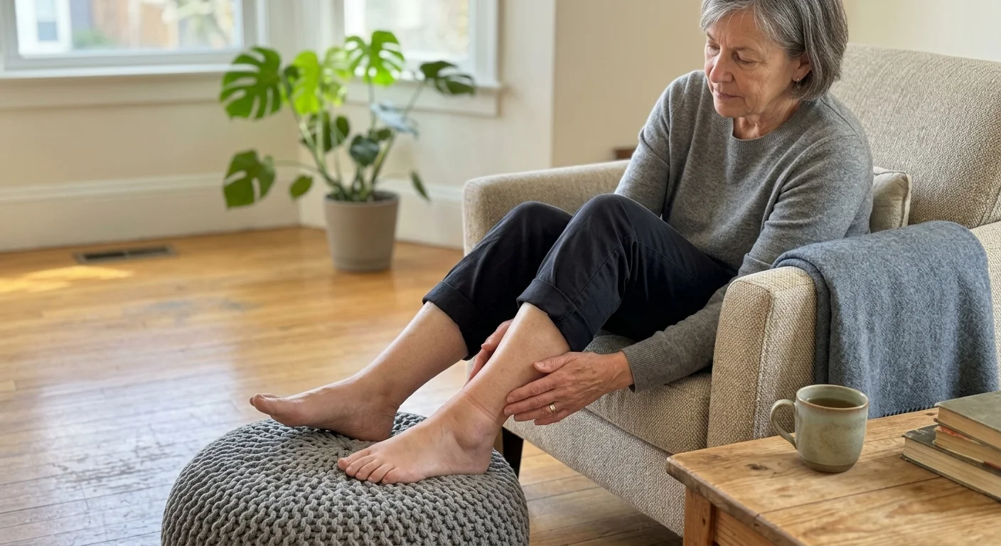 A woman sitting in an armchair rubs and examines her swollen bare lower leg resting on a knitted ottoman.