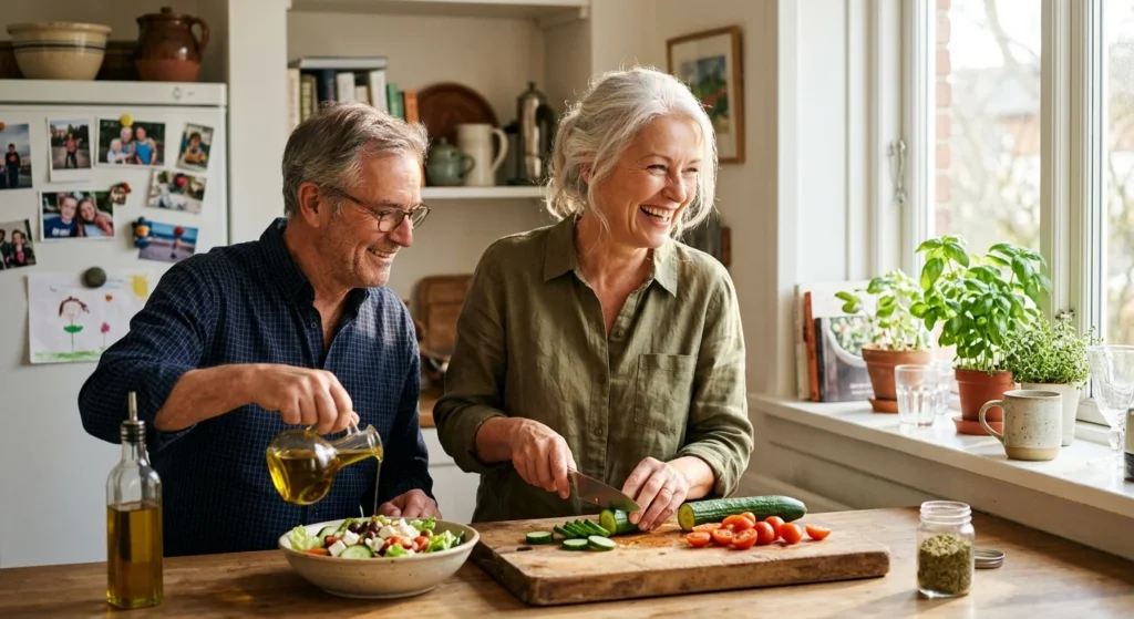 Candid photograph of an older couple happily preparing a fresh salad together in their sunlit, warm home kitchen.