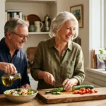 Candid photograph of an older couple happily preparing a fresh salad together in their sunlit, warm home kitchen.