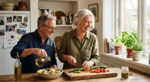 Candid photograph of an older couple happily preparing a fresh salad together in their sunlit, warm home kitchen.