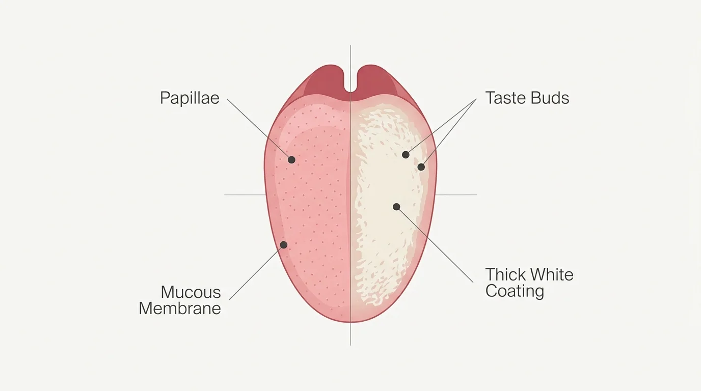 Clean anatomical diagram of a tongue showing papillae, mucous membranes, and a split section depicting white coating.