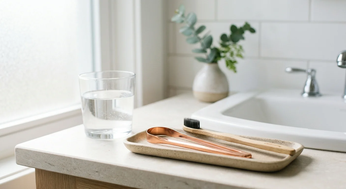 Clean close-up of a copper tongue scraper and bamboo toothbrush on a wooden bathroom vanity, illuminated by morning light.