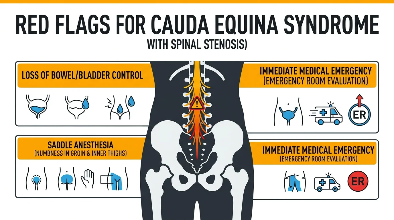 Medical diagram detailing red flags for cauda equina syndrome, highlighting the lower spine, pelvis, and emergency care icons.