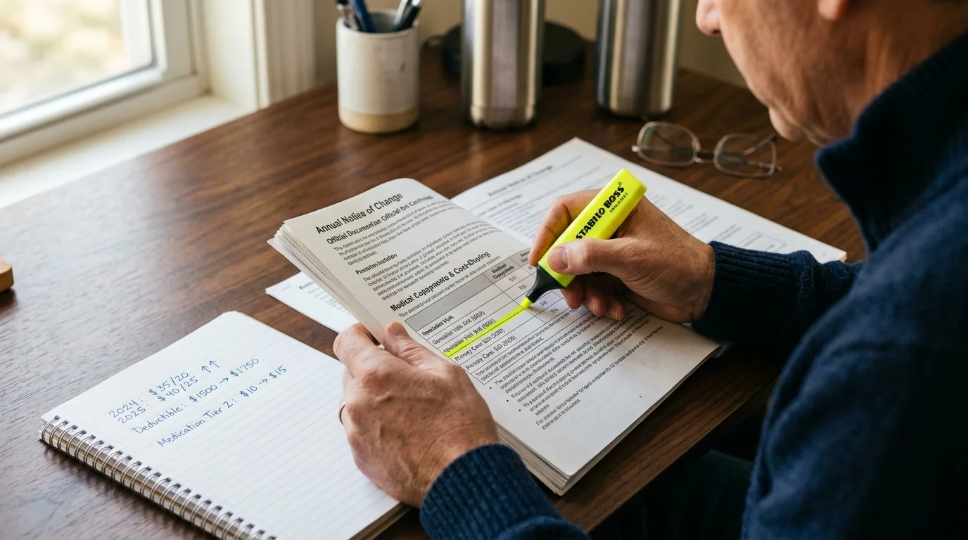 A man highlights lines in an Annual Notice of Change booklet with a yellow highlighter beside a handwritten notebook.