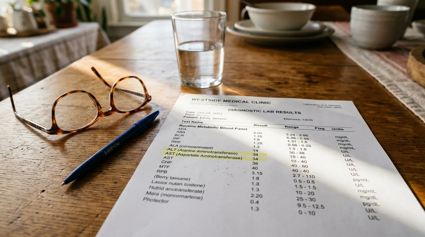 A medical lab results sheet on a wooden table next to eyeglasses, a pen, and a glass of water.