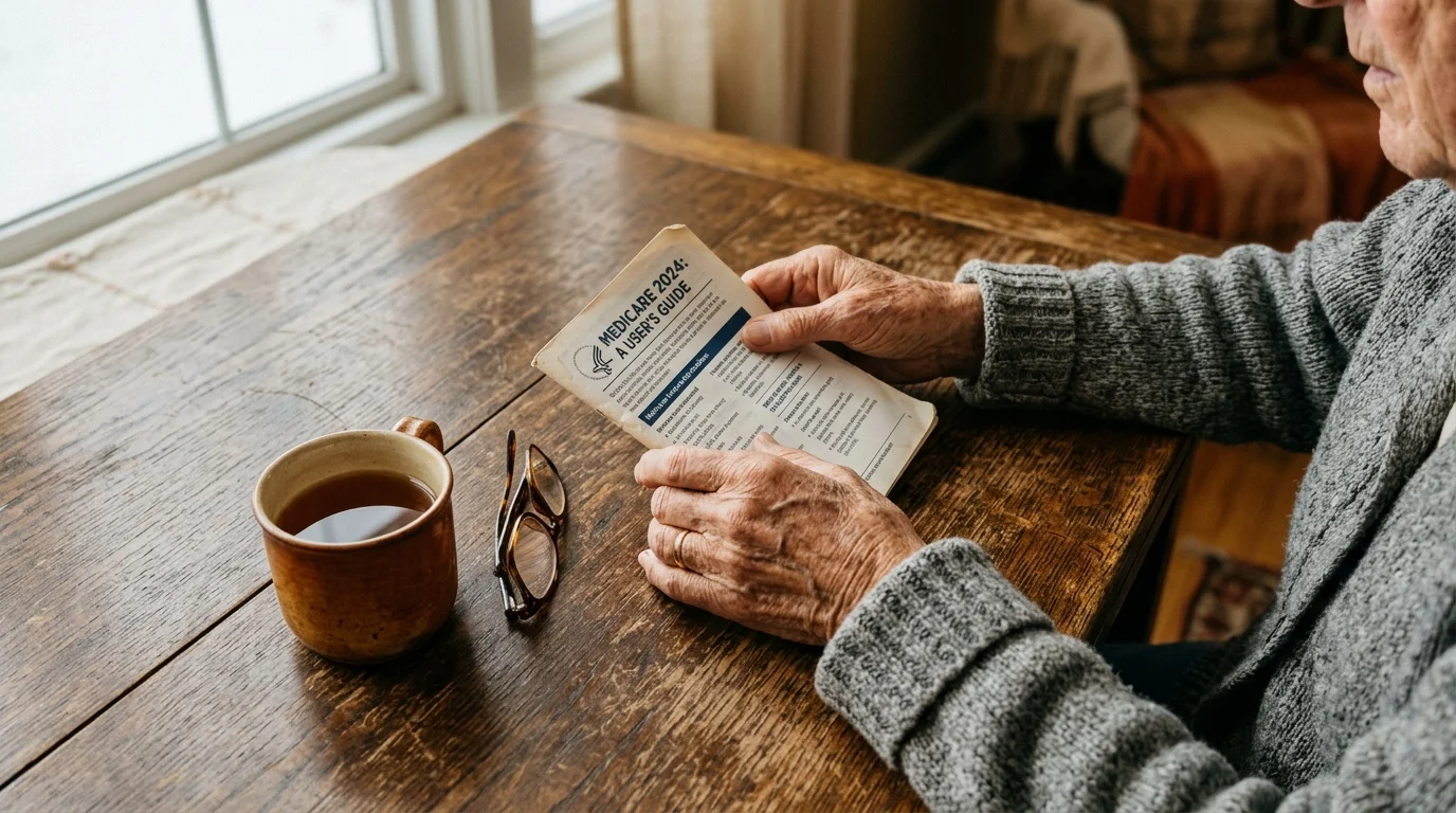 Close-up of a senior's hands holding a Medicare guide on a wooden table next to glasses and tea.