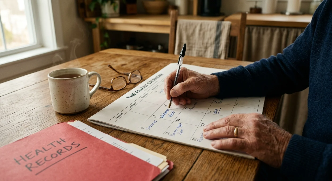 Close-up of a senior's hands scheduling a wellness visit on a paper calendar next to a red health records folder on a wooden table.