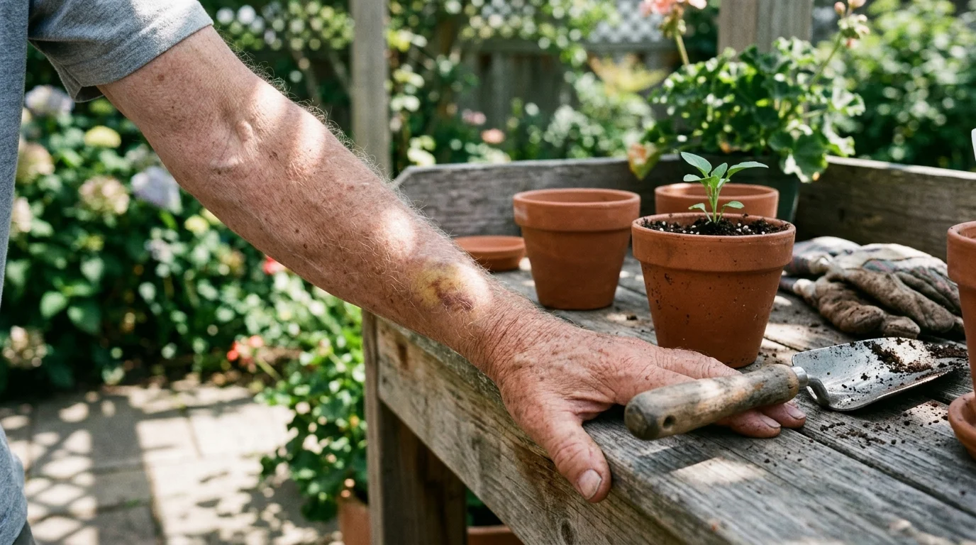 A person's arm with a visible bruise resting on a wooden gardening bench next to small terracotta pots and a trowel.