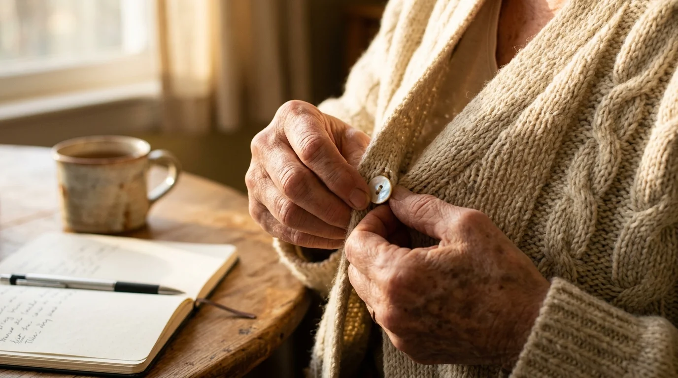 Close-up of an older person's wrinkled hands fastening a button on a knit cardigan near a desk with a mug and journal.